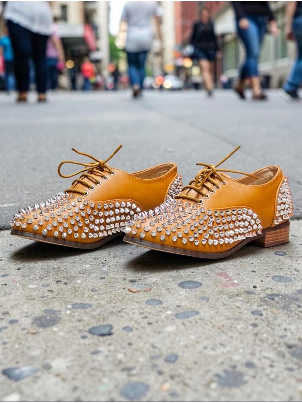 Studded Tan Faux Leather Oxford Shoes With Silver Spikes Lace-Up Design Statemen